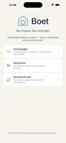 Boet-startskjerm: velg mellom arveoppgjør, skilsmisse eller samboerbrudd