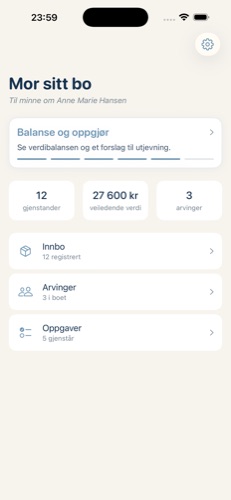 Oversikt over boet med gjenstander, veiledende verdi og arvinger