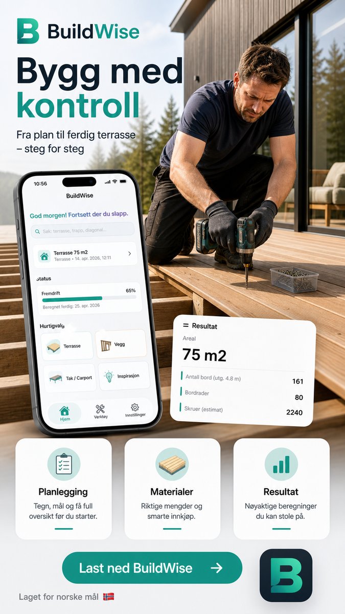 BuildWise iOS-app i bruk – tegn, mål og se materialresultat på en terrasse