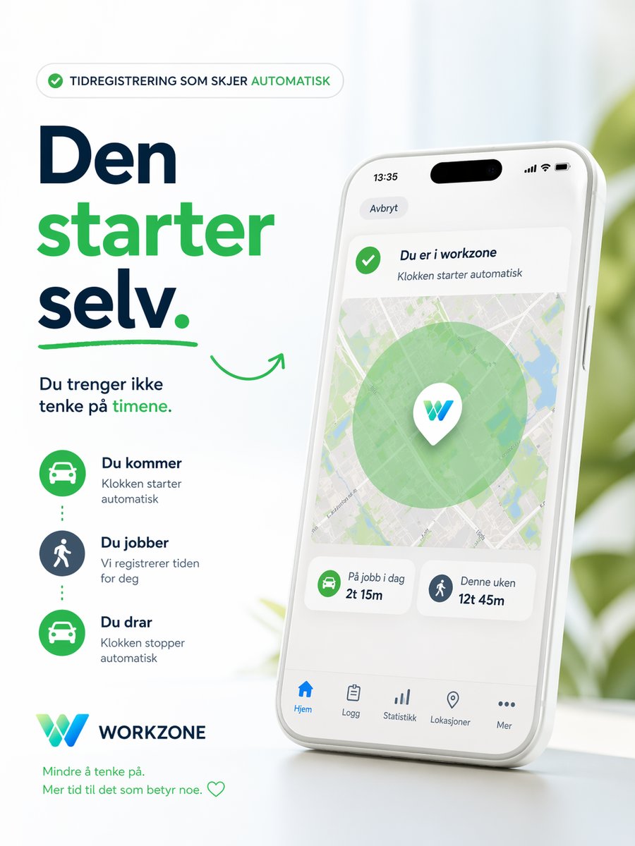 WorkZone-appen viser automatisk tidsregistrering med geofence